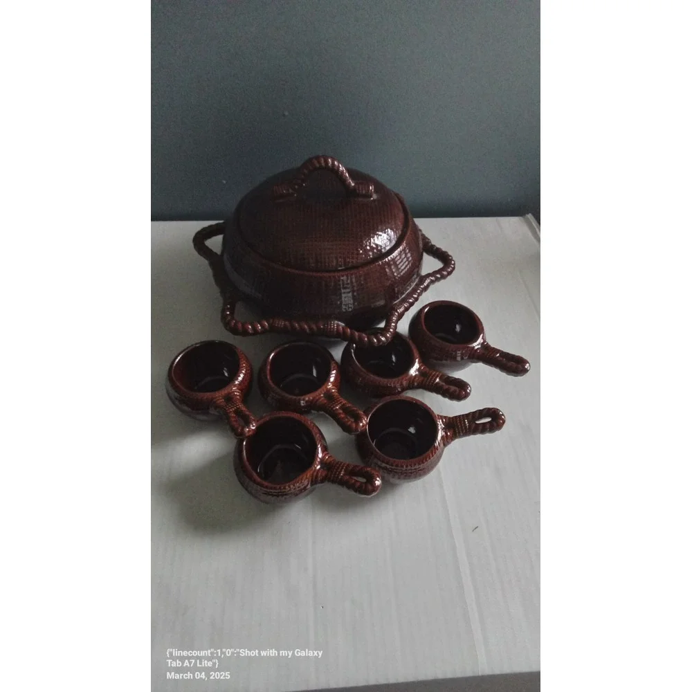 Vintage Ceramic Punch‎ Bowl Set with Ladle Cups Brown Woven Design